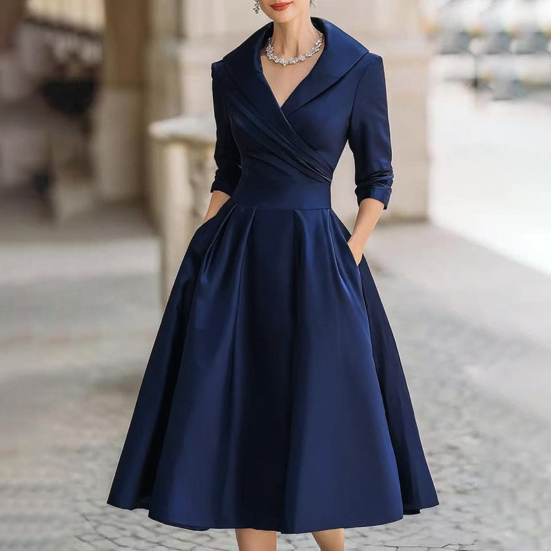 Women's Elegant Solid Cross V-Neck Midi Dress With Flared Skirt And Pockets Spring Summer Formal Dress