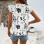Women's Summer Geometric Leaf Print Tops Lace Cap Sleeve Crew Neck Shirts Blouse
