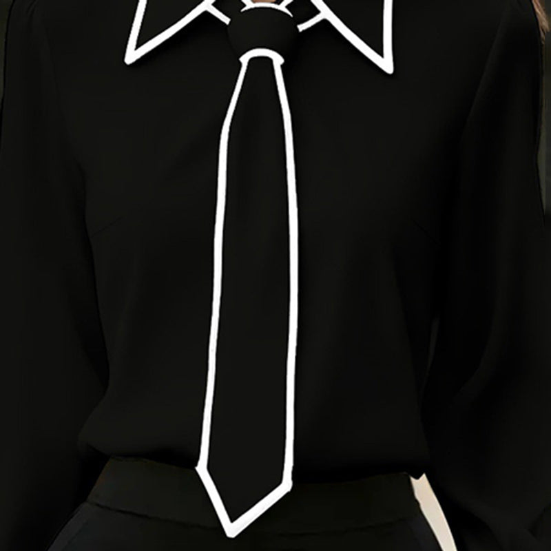 Women's Classic Tie & Lapel Blouse, Long Sleeve Contrast Color Design Shirt For Office And Formal Wear