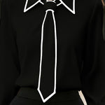 Women's Classic Tie & Lapel Blouse, Long Sleeve Contrast Color Design Shirt For Office And Formal Wear