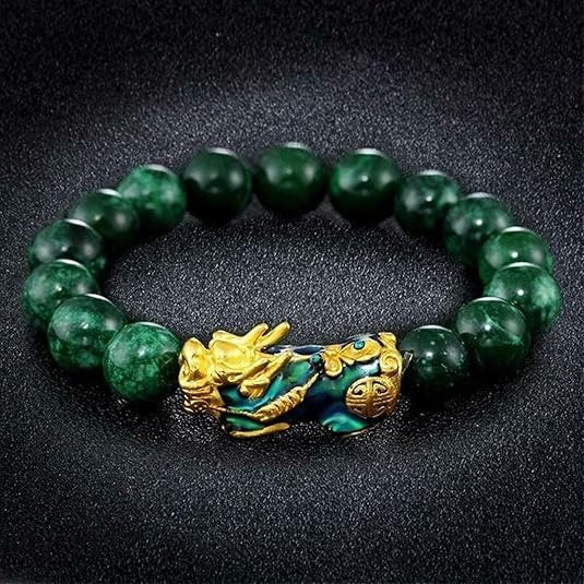Feng Shui Bracelet, Green Stone Beads Bracelet Unisex Feng Shui Pi Xiu Wristband Gold Wealth Pixiu Women Men Bracelets-Black Green-- Prohibited From Selling On Temu
