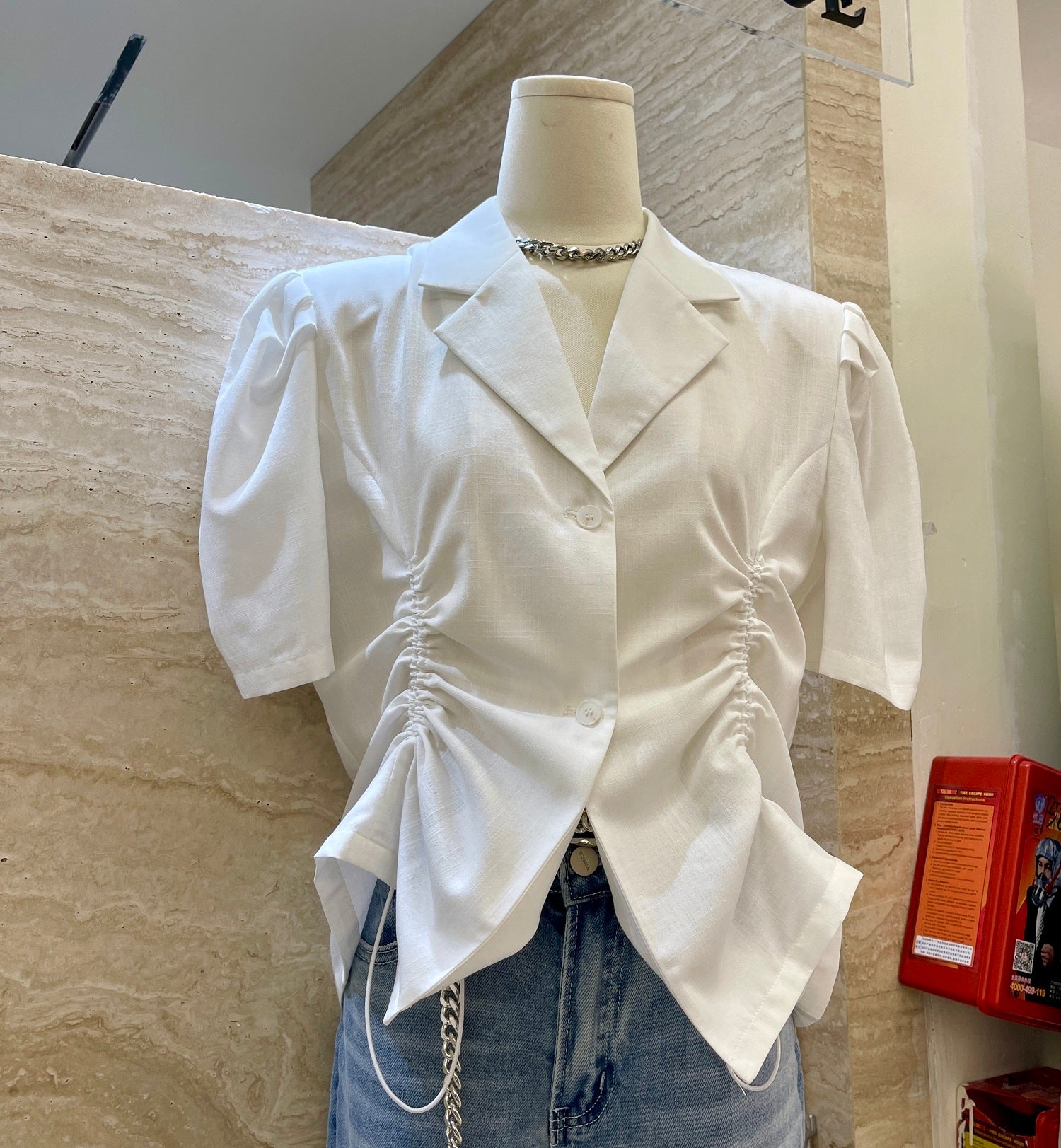 French V-Drawstring Folded Waist Blouse Women's Suit Collar Top Bubble Short Sleeve