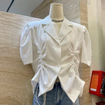 French V-Drawstring Folded Waist Blouse Women's Suit Collar Top Bubble Short Sleeve
