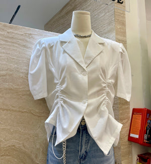 French V-Drawstring Folded Waist Blouse Women's Suit Collar Top Bubble Short Sleeve