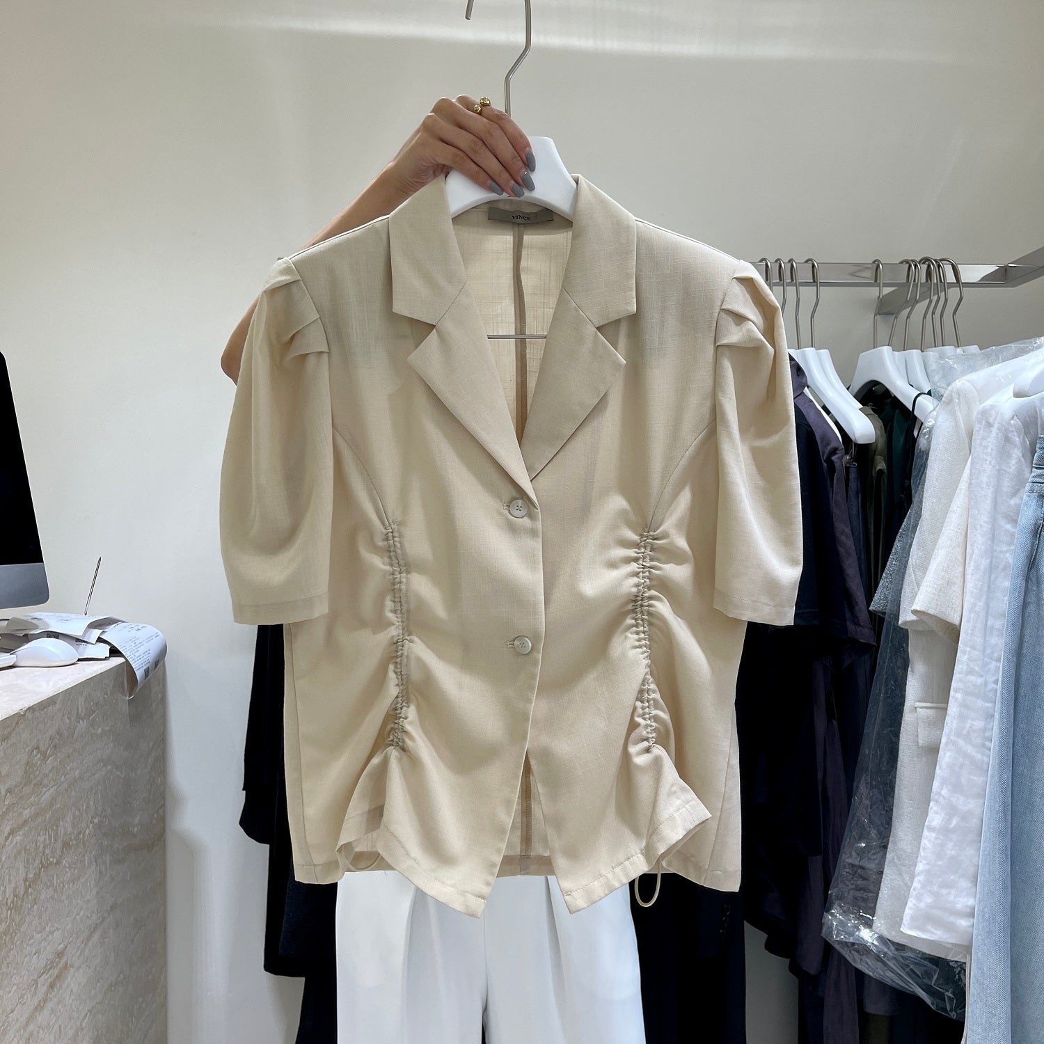 French V-Drawstring Folded Waist Blouse Women's Suit Collar Top Bubble Short Sleeve