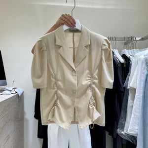 French V-Drawstring Folded Waist Blouse Women's Suit Collar Top Bubble Short Sleeve