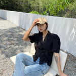 French V-Drawstring Folded Waist Blouse Women's Suit Collar Top Bubble Short Sleeve