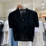 French V-Drawstring Folded Waist Blouse Women's Suit Collar Top Bubble Short Sleeve