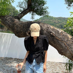 French V-Drawstring Folded Waist Blouse Women's Suit Collar Top Bubble Short Sleeve