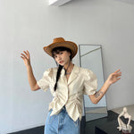 French V-Drawstring Folded Waist Blouse Women's Suit Collar Top Bubble Short Sleeve