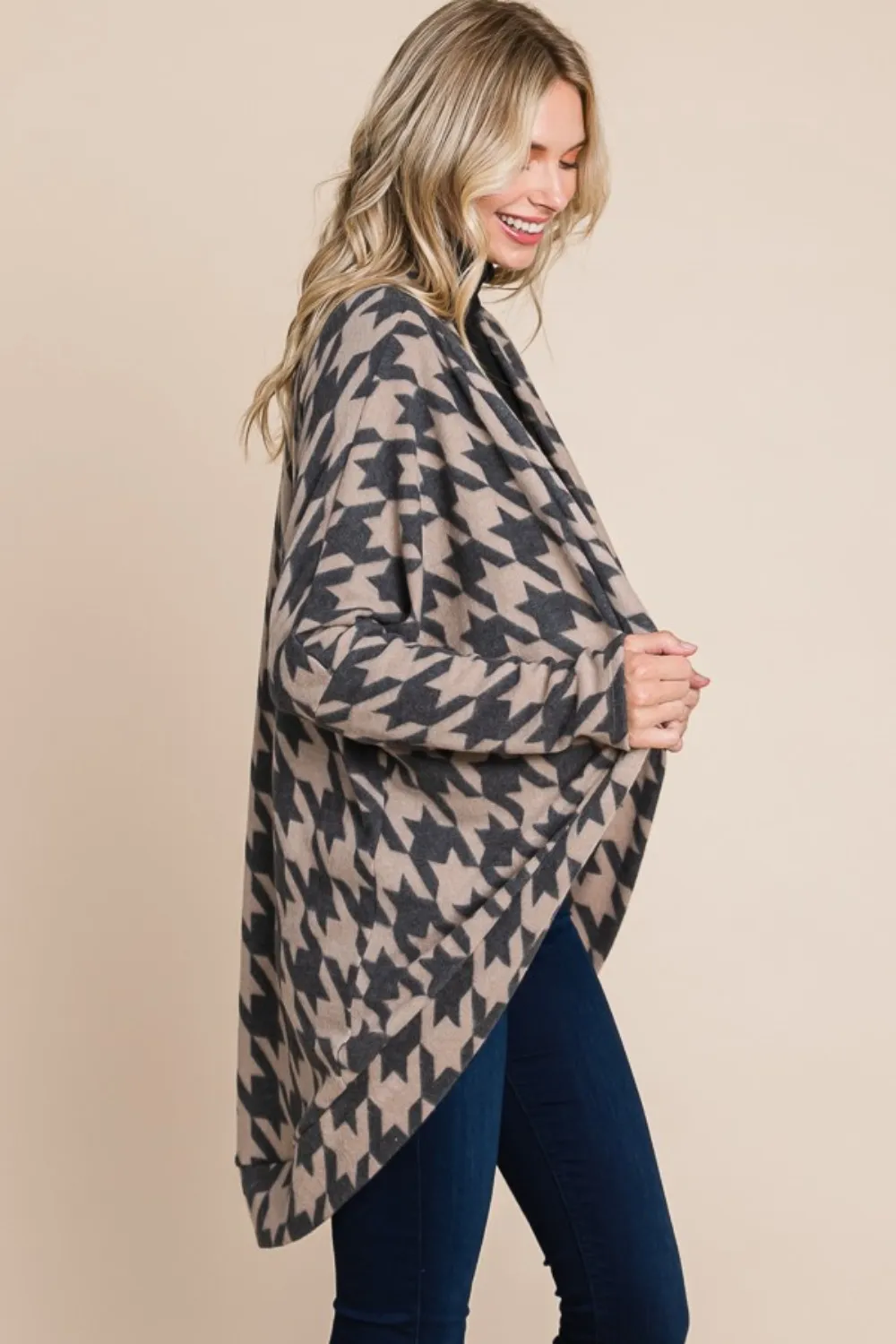 BOMBOM Houndstooth Open Front  Knit Cardigan