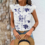 Women's Summer Geometric Leaf Print Tops Lace Cap Sleeve Crew Neck Shirts Blouse