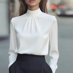 Women's Solid Color Long Sleeve Turtleneck Shirt, Pleated Detail Blouse For Office Wear And Formal Occasions