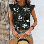Women's Summer Geometric Leaf Print Tops Lace Cap Sleeve Crew Neck Shirts Blouse