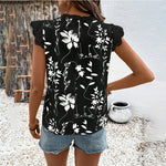 Women's Summer Geometric Leaf Print Tops Lace Cap Sleeve Crew Neck Shirts Blouse