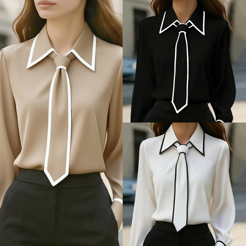 Women's Classic Tie & Lapel Blouse, Long Sleeve Contrast Color Design Shirt For Office And Formal Wear