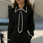 Women's Classic Tie & Lapel Blouse, Long Sleeve Contrast Color Design Shirt For Office And Formal Wear