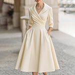 Women's Elegant Solid Cross V-Neck Midi Dress With Flared Skirt And Pockets Spring Summer Formal Dress