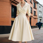 Women's Elegant Solid Cross V-Neck Midi Dress With Flared Skirt And Pockets Spring Summer Formal Dress
