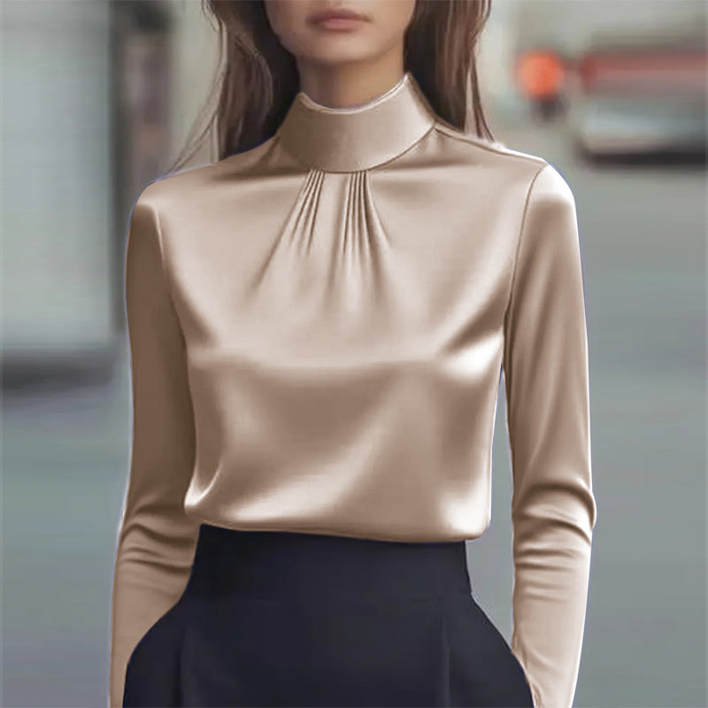 Women's Solid Color Long Sleeve Turtleneck Shirt, Pleated Detail Blouse For Office Wear And Formal Occasions