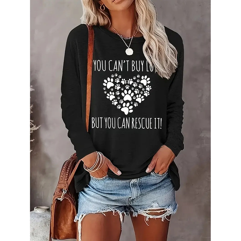 Women Paw Letter Tshirts Casual Long Sleeve Crew Neck Tee Tops Blouse