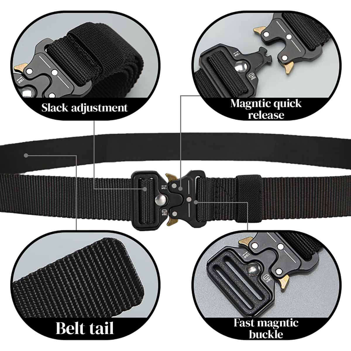 Men Multifunction Nylon Military Tactical Adjustable Waist Belt Quick Release Belt con ajuste de holgura y hebilla magnética rápida.