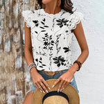 Women's Summer Geometric Leaf Print Tops Lace Cap Sleeve Crew Neck Shirts Blouse
