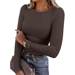 3 Pack Women's Long Sleeve Shirts, Crew Neck Ribbed Tops Slim Fit Casual Knit Tees Stretch Basic T Shirts
