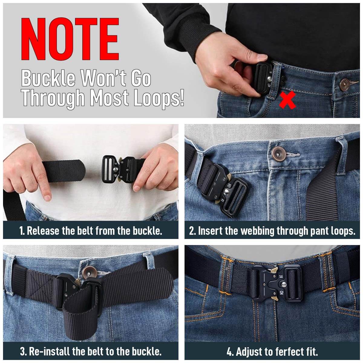 Men Multifunction Nylon Military Tactical Adjustable Waist Belt Quick Release Belt installation guide with buckle instructions.