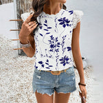 Women's Summer Geometric Leaf Print Tops Lace Cap Sleeve Crew Neck Shirts Blouse