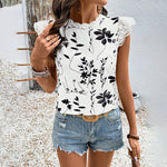 Women's Summer Geometric Leaf Print Tops Lace Cap Sleeve Crew Neck Shirts Blouse