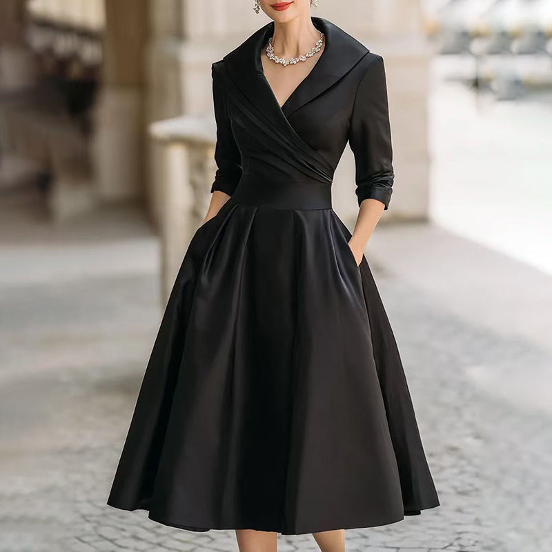 Women's Elegant Solid Cross V-Neck Midi Dress With Flared Skirt And Pockets Spring Summer Formal Dress