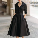 Women's Elegant Solid Cross V-Neck Midi Dress With Flared Skirt And Pockets Spring Summer Formal Dress